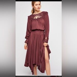 Free People Camille Macrame Plum Asymmetrical Handkerchief Maxi Dress NWOT Sz S